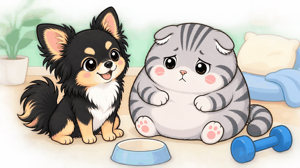 うたとゆずが部屋に並んで座り、まわりに食事のお皿・ダンベル・ベッドが置かれている