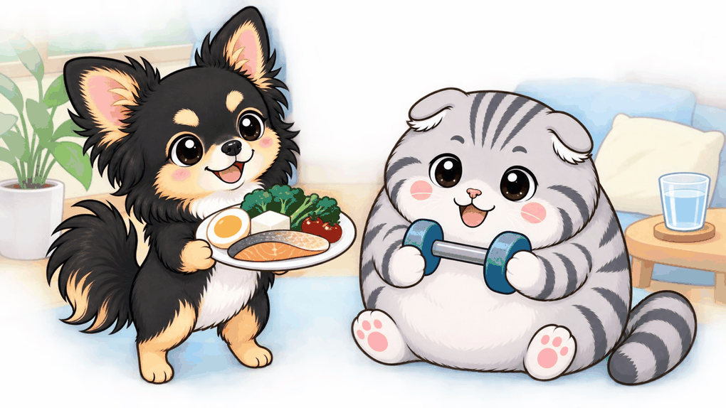 うたがたんぱく質の食事をのせたお皿を運び、ゆずが軽いダンベルを持っている