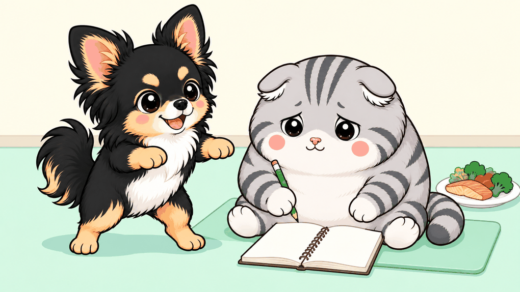 ゆずが床のノートに鉛筆で書き込み、うたが二足で立って前足を上げ、そばで励ましている