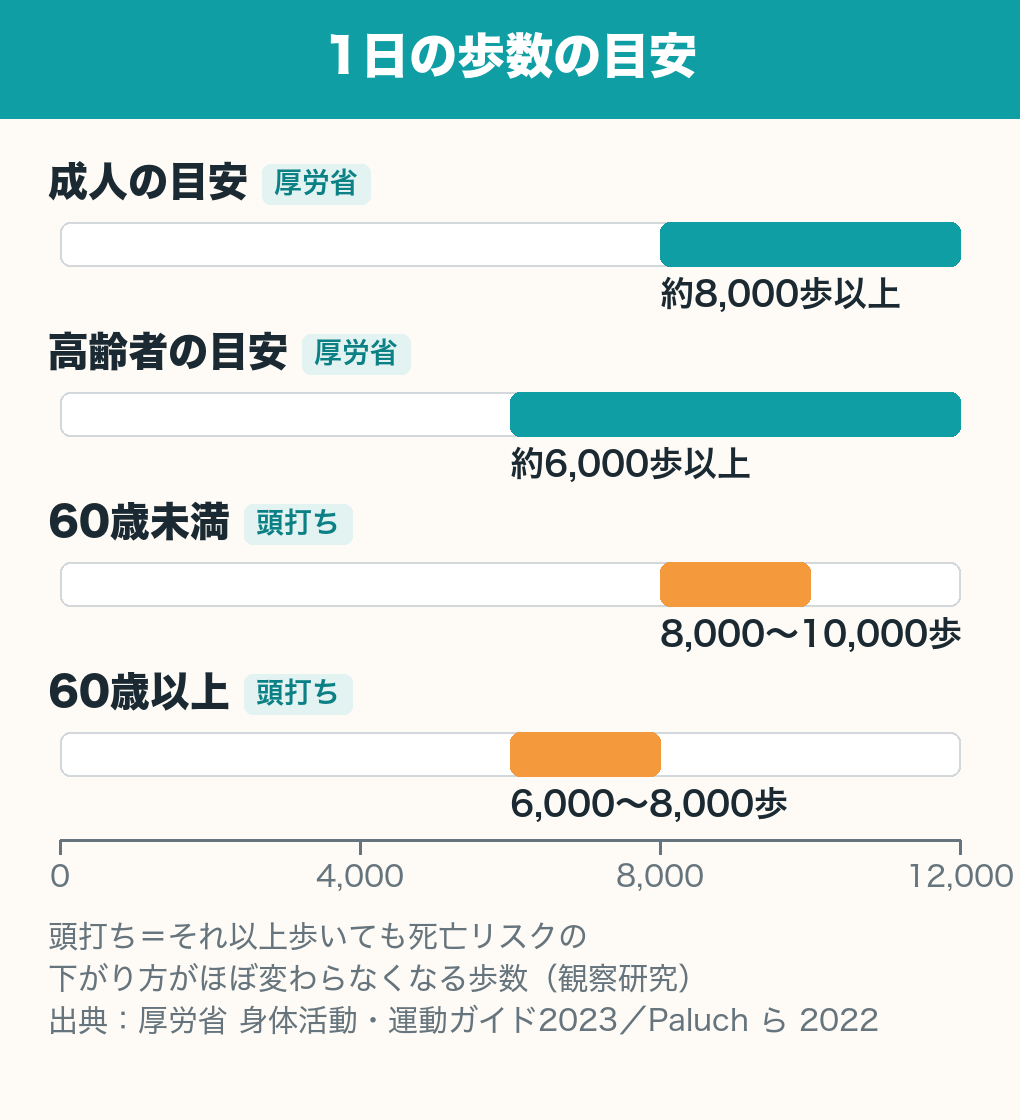 1日の歩数の目安を並べた図。成人は約8,000歩以上、高齢者は約6,000歩以上(厚生労働省)。死亡リスクの下がり方が頭打ちになるのは、60歳未満で8,000〜10,000歩、60歳以上で6,000〜8,000歩(観察研究)。