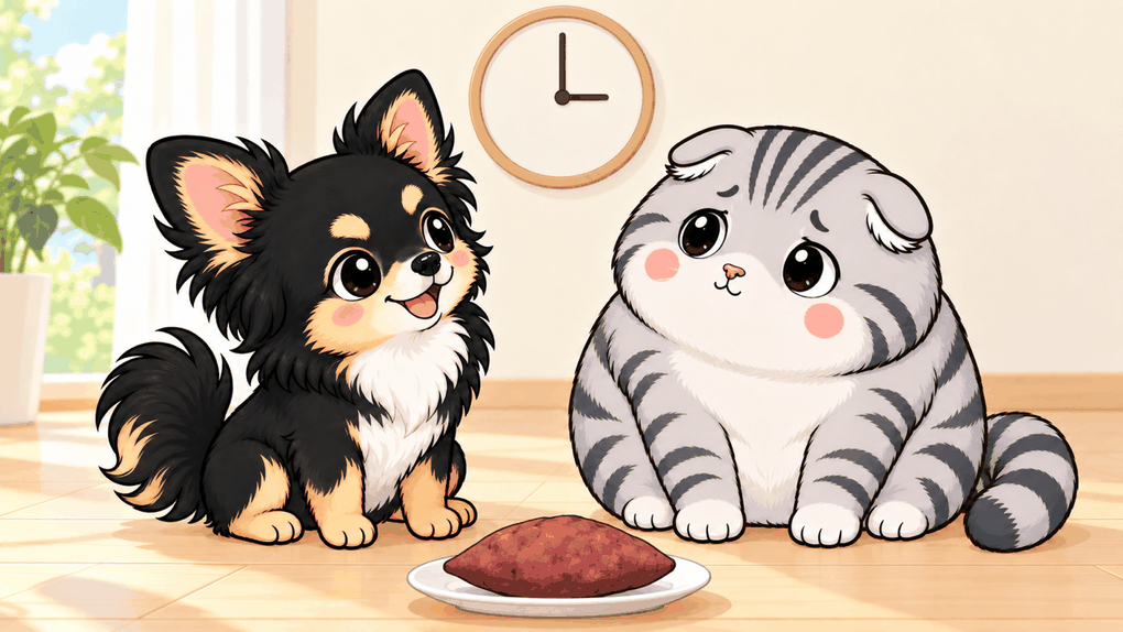 壁の丸い時計が3時を指す午後のリビングで、床にお座りしたうたとゆずが並び、ゆずが時計を見上げ、少し離れた床の小皿に焼き芋が1本置いてある挿絵。