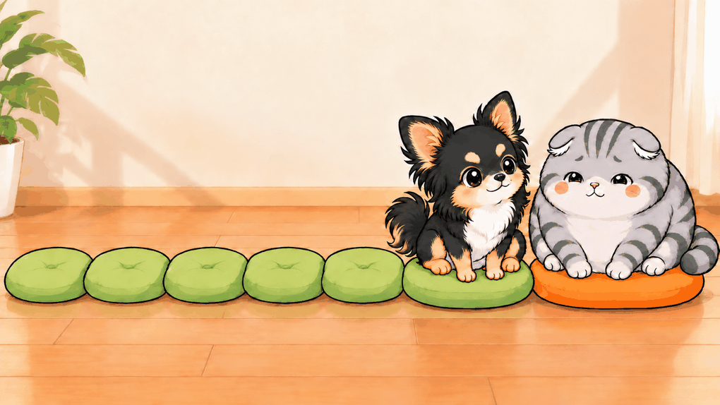 床に並んだ7つのクッションのうち、いちばん右のオレンジのクッションにお座りしてうれしそうなゆずと、隣の緑のクッションで微笑むうた