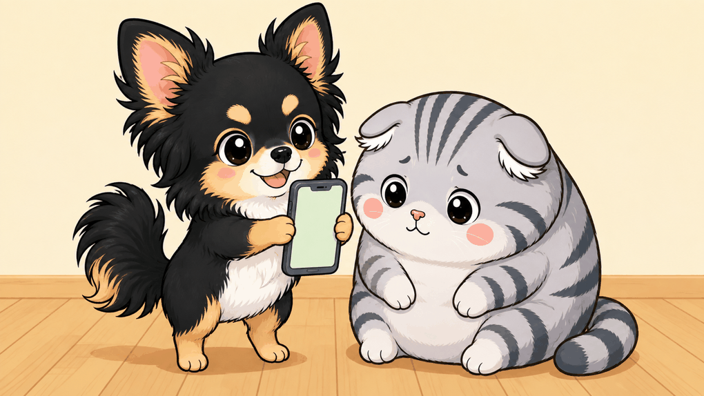 うたが二足で立ってスマートフォンを両方の前足で持ち、画面をゆずに見せている。ゆずは床にお座りして、のぞき込んでいる
