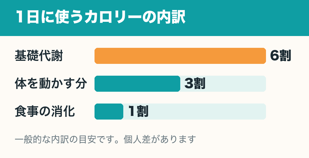 1日に使うカロリーの内訳の横棒グラフ。基礎代謝がおよそ6割、体を動かす分がおよそ3割、食事の消化がおよそ1割