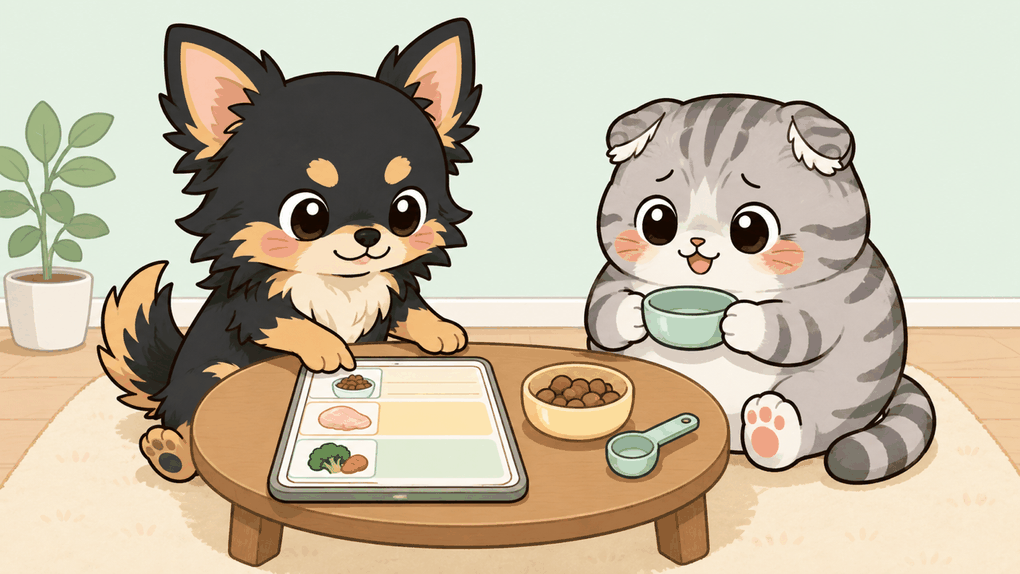 うたとゆずが、食べたものを並べた記録の画面を見ながら食事をしている