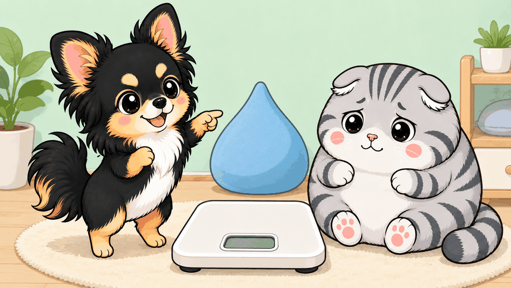 うたが二足で立って体重計を指さし、そのうしろに大きな水滴のクッションが置いてある。ゆずは床にお座りして見ている
